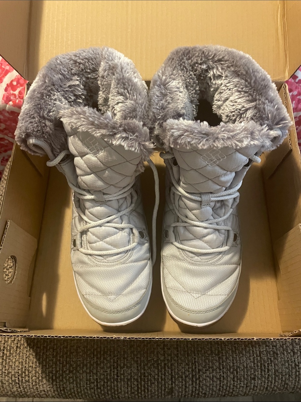 Columbia Women's Light Gray Quilted Faux Fur Winter Boots